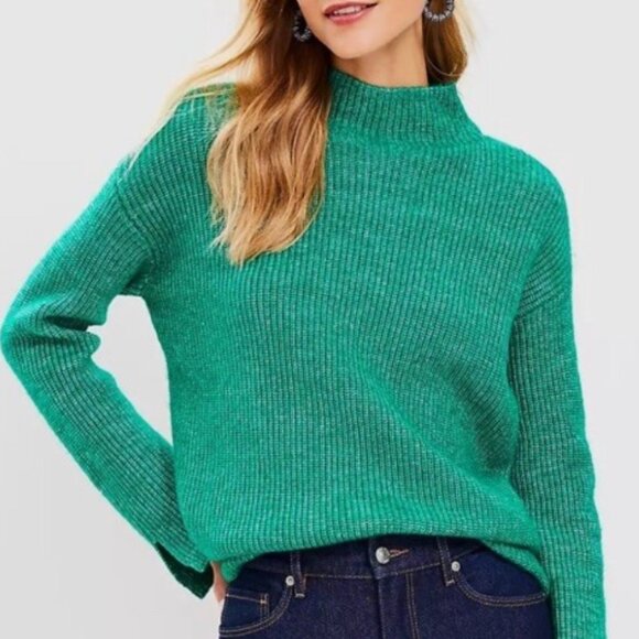 Like New LOFT Kelly Green Mock Neck Ribbed Knit Split Cuff Sweater Womens Sz M - Picture 1 of 8